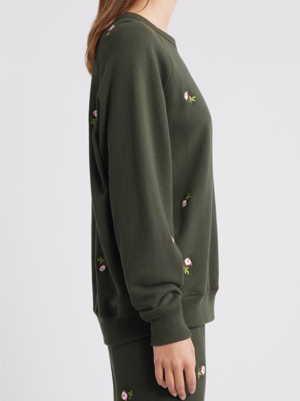 THE GREAT. The College Embroidered Crew Neck Rose Sweatshirt in Woodland Green - Picture 4 of 10
